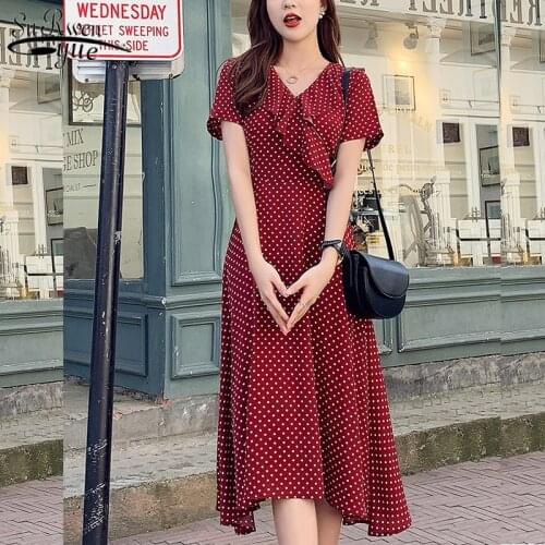 V-neck Temperament 2021 Ruffles Women Dress Polka Dot Dress Korean Stye Summer Short Sleeve Red Party Dress Vestidos 8834 50