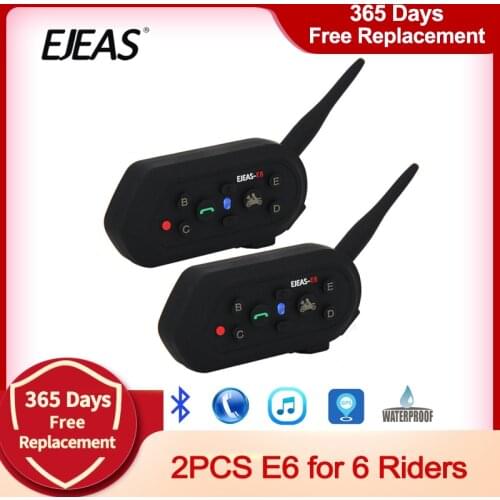 2 pcs EJEAS E6 Motorcycle Intercom VOX Headset Helmet Interphone Bluetooth Intercom for 6 Riders Communica