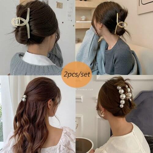 2pcs/set Big Hair Claws For Women Fashion Jewelry Simulated Pearl Metal Acrylic Cross Crab Hairpins Korean Girl Hair Accessories