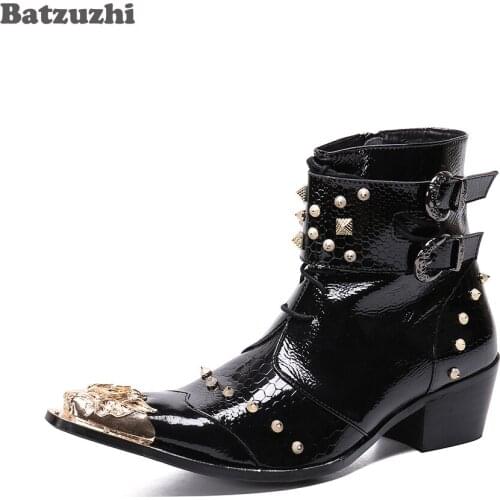 Batzuzhi Rock Ankle Boots Men 6.5cm Men Ankle Boots Pointed Metal Tip Rivets Punk Black Leather Boots Men Botas Militares, 38-46