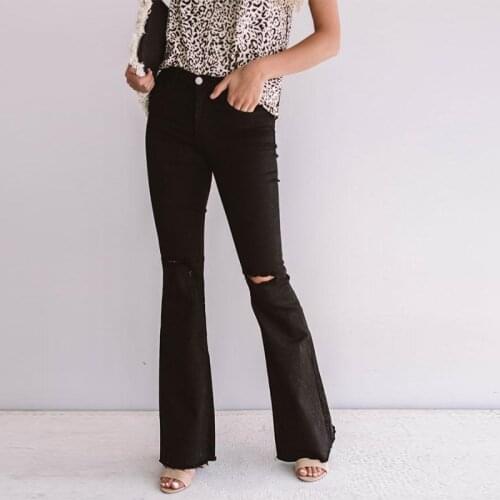 FNOCE 2020 autumn new womens ripped jeans pants fashion trends solid mid waist hole hollow out slim elegant denim Flare trouser