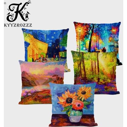 Oil Painting Landscape Plant Cushion Cover Sunflower Forest City Castle Chair Sofa Decorative Pillow Oil Painting Pillowcase