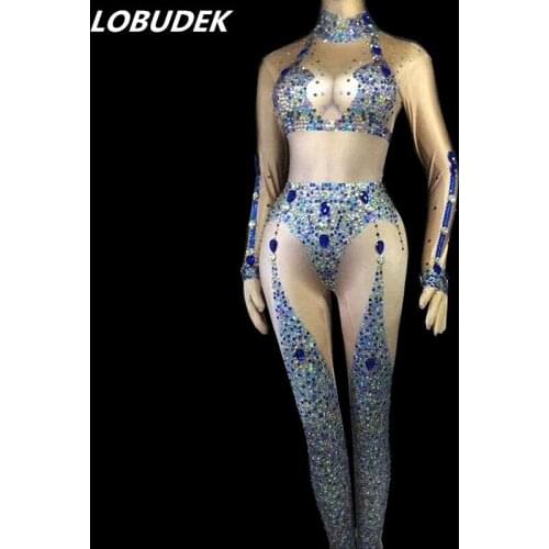 Multi color Rhinestones Nude Skinny Jumpsuit Women Nightclub Sexy Party Costume Bar DJ Singer Host Dance Performance Stage Wear