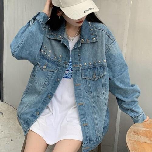 Heavy Work Beaded Female Short Jeans Jacket Autumn Korean Loose Single-breasted Long Sleeve Women Denim Jacket Casual Streetwear