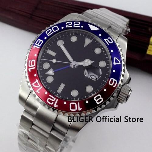 BLIGER 43MM Black Sterile Dial Blue Red Bezel GMT Function Luminous Sapphire Crystal Automatic Self-Wind Movement Mens Watch