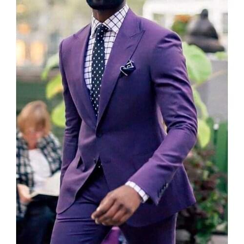 New Men' s 2 pieces Suit Purple Formal Lapel Slim Fit Tuxedos Two Button Flat Groomsmen blazer For Wedding (Blazer+pants)