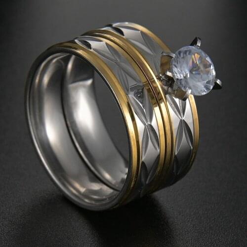 Stainless Steel Rings For Women Shiny Zircon Pair Engagement Fashion Rings For Male Party Wedding Jewelry