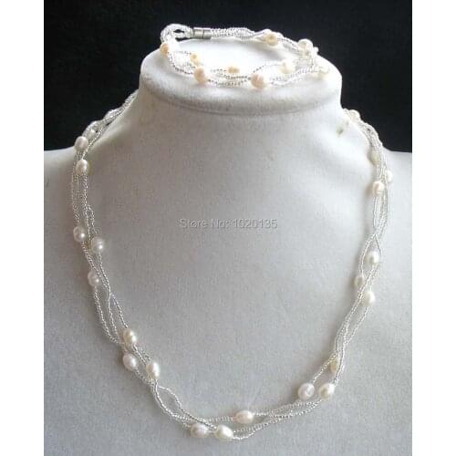 3rows freshwater pearl white necklace bracelet rice nature 17inch & 7.5inch FPPJ