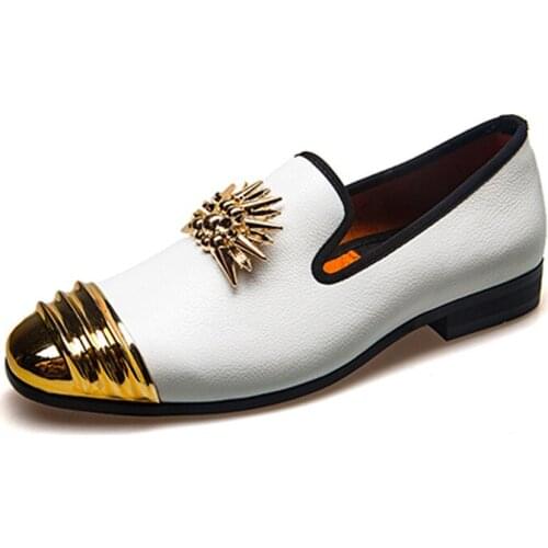 Original Men Genuine Leather Mens Loafers Velvet Shoes Metal Eagle Buckle Wedding Party Smoking Slipper Dress Loafers Shoes