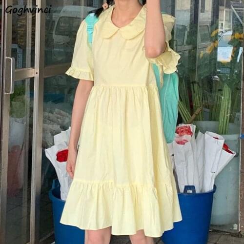Dress Women Pure Color Midi Peter Pan Collar Kawaii Students Sweet Simple Summer Ruffles Fashion Ulzzang Girls Vestidos Popular