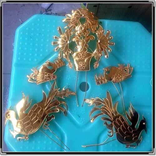 Gold Plated Top Middle Big Phoenix Tiara Hair Stick Miao Silver Pure Handmade Wire Inlay Artwork Hanfu Hair Accessories