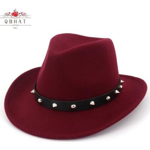 QBHAT Unisex Men Women Wool Panama Hats Western Cowboy Caps Roll Brim Sombrero Wool Felt Fedora Trilby Rivet Leather Decorated