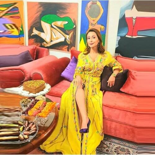 Luxury Gold Emboridery Flower Dubai Evening Dresses Women Muslim Long V Neck Moroccan Caftan Prom Gowns Appliques Dress