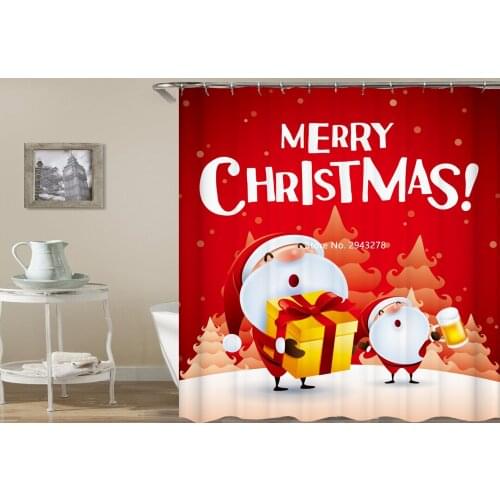 Christmas Decor Santa Claus Snowman Pattern Waterproof and Mildewproof Washable Red Shower Curtain with Hook Home Bathroom Decor