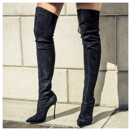 Winter newest pointed toe high heel boots sexy thigh high boots woman thin heels over the knee boots black suede riding boots