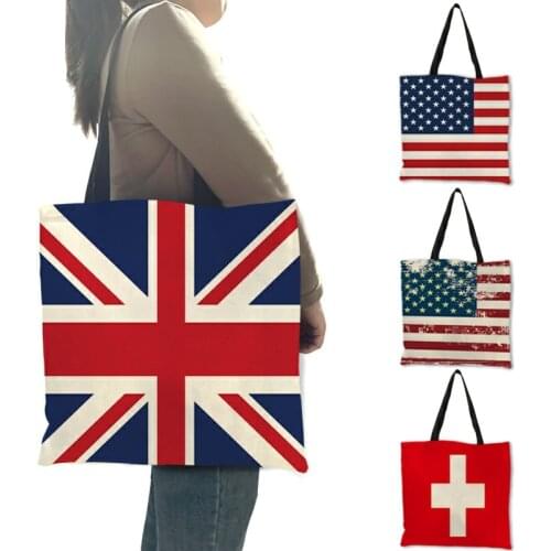 Strong Personalized High Fashion Women Handbag National Flag Country Printed Linen Shoulder Bags Reusable Shopping Tote Bag
