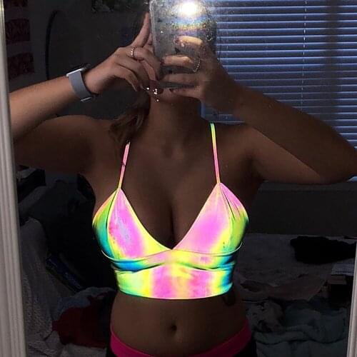 Women’s Reflective Colorful Tank Tops, Sleeveless Deep V-neck Slim Clubwear Crop Vest Clothes for Summer