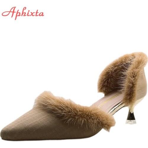 Aphixta Spring Real Fur Women Pumps Casual Office Lady Shoes Pointed Toe Thin Heel Party Shoes Shallow Elegant Summer Heels