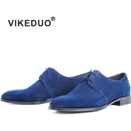VIKEDUO 2020 Autumn New Mens Derby Shoes Sheep Suede Male Handmade Zapatos Plus Size Blue Casual Lace-up Male Shoe Footwear