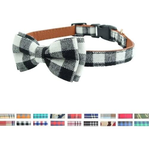 XPangle Bow tie Dog Collar Soft Cotton Leather Black Plaid Collars for Small Medium Large Dogs Cats Puppies Pet Supplies 27-58cm