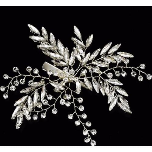 Handmade Silver Color Crystal Hair Pin Clips Bride Leaf Hair Sticks Rhinestone Hairgrips Headress Women Wedding Hair Accessories