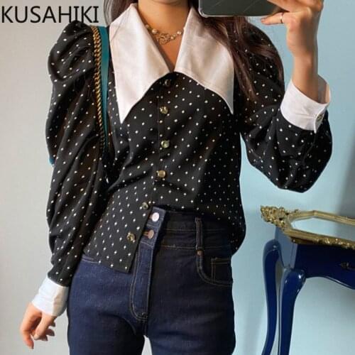 KUSAHIKI Korean Hit Color Peter Pan Collar Dot Blouse Shirt Chic Puff Sleeve Womens Tops 2021 Autumn New Blusas Femme 6Z293