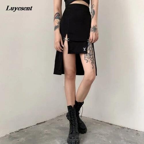 Women Cool Black Punk Split Mini Skirt 2021 Summer Lady Irregular Length Metal Buckle Empire Gothic Skirts Rock Sexy Streetwear