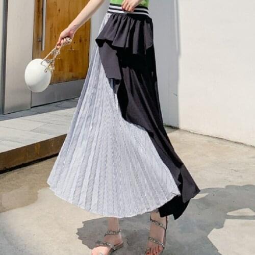 Summer stripes contrast color stitching irregular design sense high waist drape chiffon women skirt thin elastic female skirt