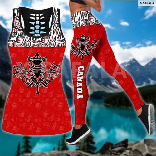 Canada Day Haida 3D Printed Women Two Piece Yoga Set Vest Hollow Combo Tank Top Legging Waist Sport Fitness Quick Dry E11
