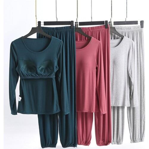 Two Piece Set Sleeping Suit Women 2020 Autumn New Long-Sleeved +Long Pants Home Suits Modal Pajamas For Women With Cups