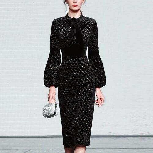High Quality Autumn Women Black Elegant Velvet Bowknot Collar Fashion Long Lantern Sleeve Vintage Female Midi Slim Dress