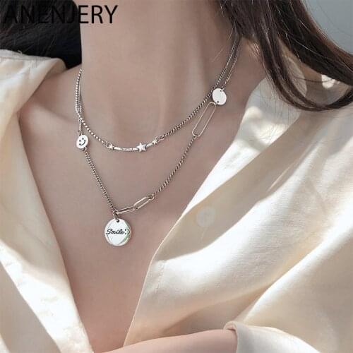 ANENJERY Handmade Star Smiling Face Round Card Letter Necklace Thai Silver Color Anti-allergic Necklace For Women Men S-N659
