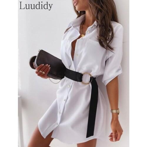 Women Button Front Half Sleeve Shirt Dress With Belt