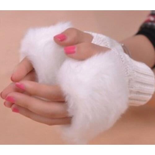 CHSDCSI Winter Gloves Women Half Finger Mittens Wool Faux Rabbit Fur Knitted Fingerless Plaid Short Warm Guantes Top Fur