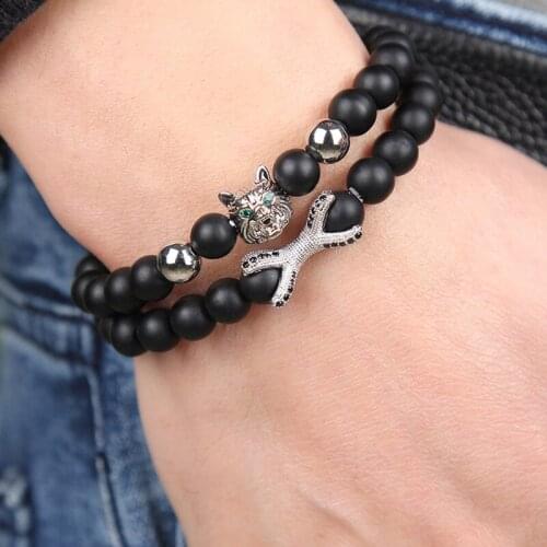 2pcs/set Fashion Crown & Wolf head Charm Bracelet Men Classic Matte & Lava Stone Set Bracelet For Men Pave CZ Jewelry Gift
