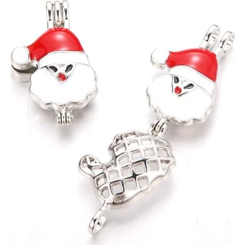 5pcs Cute Santa Claus Pearl Cage Locket Pendant Jewelry DIY Bead Cage Aroma Essential Oil Diffuser Oyster Pearl Christmas