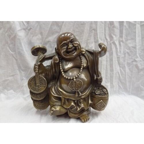 Fast shipping USPS to USA S1162 10" Chinese Bronze Cai Fu Coin RuYi YuanBao Happy Laugh Maitreya Buddha Statue