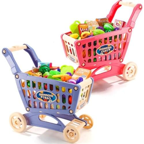 Childrens Play House Supermarket Shopping Cart Toy Set Trolley Push Cart Basket Simulation Fruit Food For Kids Pretend Game Toys