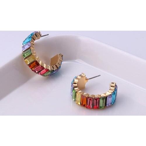 Fashion 2020 Women Multicolor Rhinestone C Shape Ear Hoop Earrings Piercing Jewelry Korean Simple Colorful Circle Earrings
