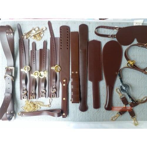 Custom Made BDSM Set Gears Brown Color Leather Gold Metal BDSM Belt D Ring Spanking Paddle Choker Gag Cuffs Paddle Spoon Patch