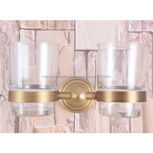 Wall Mounted Antique Brass Double Cup Holder Toothbrush Holder with Two Glass Cups Rack Tumbler Holder Nba737
