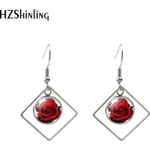 2020 New Red Rose Flower Hook Earring Printed Photo Rhombic Earring Glass Cabochon Jewelry Stainless steel Earrings