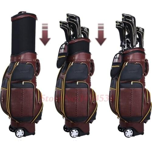 Full Leather! Adjustable Golf Standard Ball Bag Wheels Men Stretch Bag Multi-Function Airbag Leather Waterproof With Cover 125cm