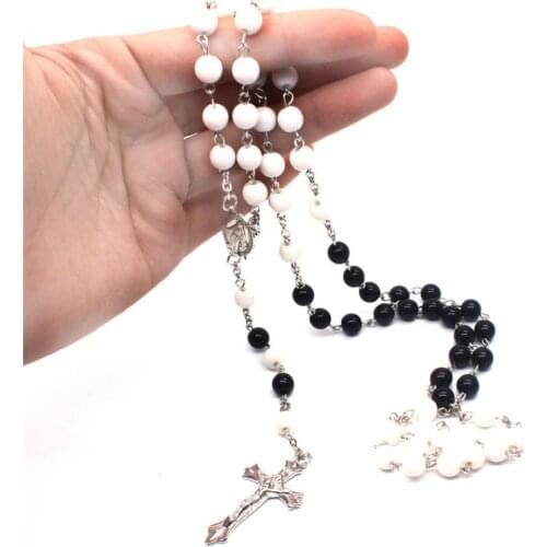 Religious Pendant Black And White Beads Christianity Acrylic Cross Rosary Necklace For Women
