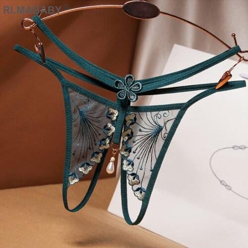 Sexy Women Breathable Transparent Embroidery Floral Underwear Thong Fashion Pearl Tassle Hollow Mesh Lingerie G-String Briefs