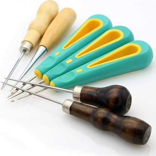 Alloy Steel Wood Handle Punching Tapered Awl Craft Cloth Scratch Awl with Hook Hole Repair Tool for DIY Leather Craft Sewing Awl