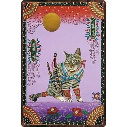 Signo de lata de gato samurái, decoración artística de pared, vintage, aluminio, retro