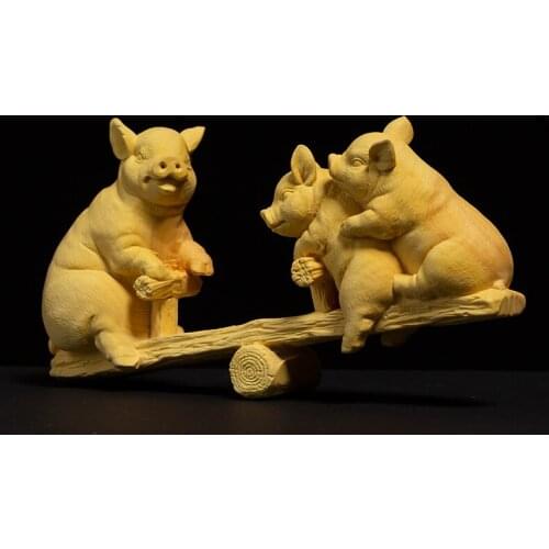 Boxwood 15cm Piggy Sculpture Lucky Wood Animal Statue Three Pigs Playing on Seesaw Home Decor