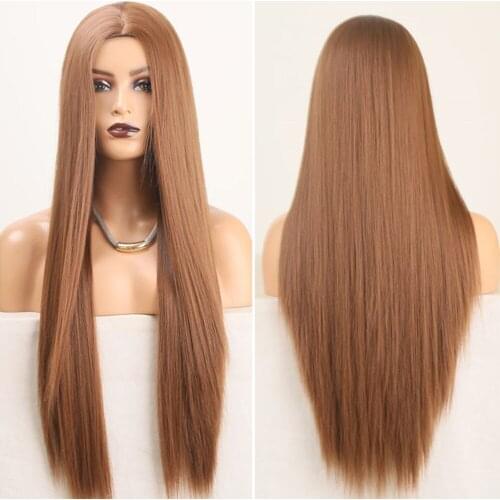 Light Brown Synthetic Middle Part Wig Soft Silky Straight High Tembreture Fiber Hair Machinde Made Wig