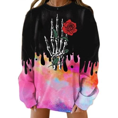 Halloween Rose Printed Tie Dye Hoodie Women Oversized Skull Long Sleeve Pullover Tops Autumn Fleece Warm Round Neck Sweater
